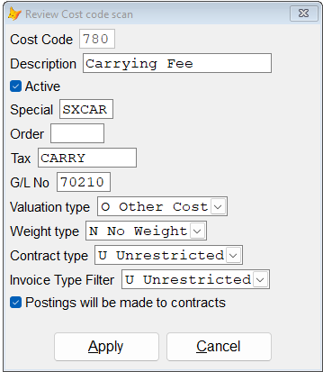 A screenshot of the cost code dialog showing the configuration for the carrying cost code.