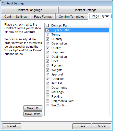 Contract settings page layout