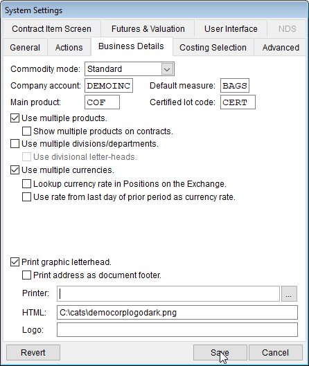 System Settings Business Details Tab