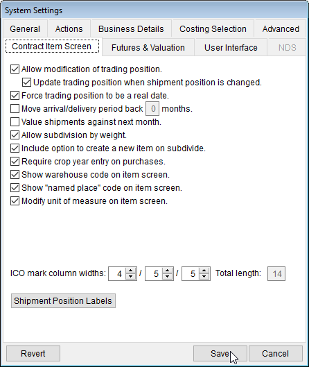 System Settings Contract Item Screen Tab