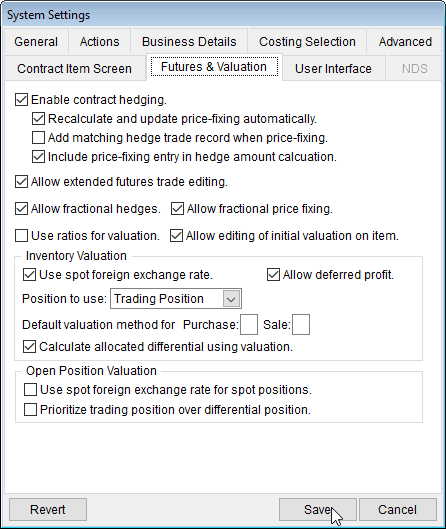 System Settings Future and Valuation Tab