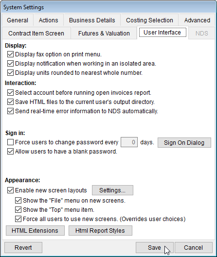 System Settings User Interface Tab