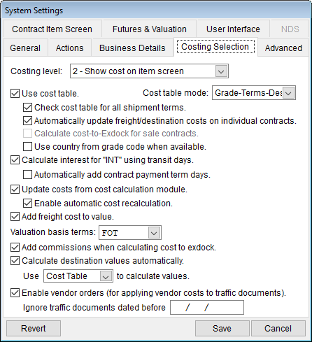 System Settings Costing Selection